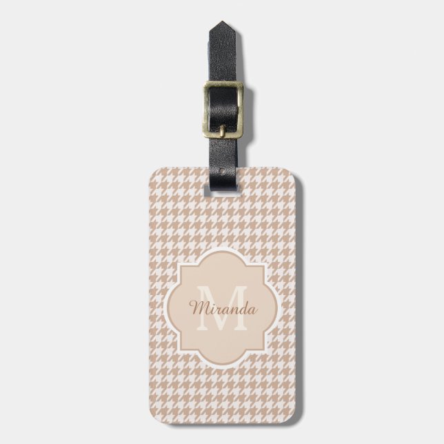 Étiquette À Bagage Chic Monogramme Houndstooth Brown Avec Nom (Devant Vertical)