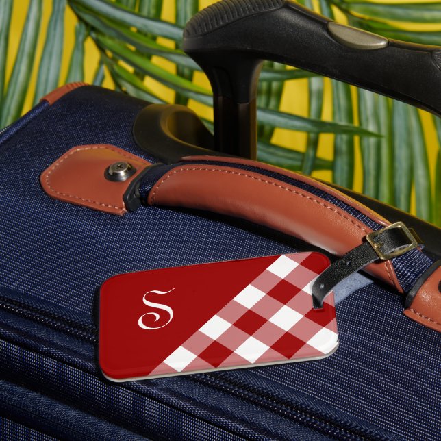 Étiquette À Bagage Chic Monogramme Rouge Blanc Buffalo Check Géométri (Insitu Rectoal 3)