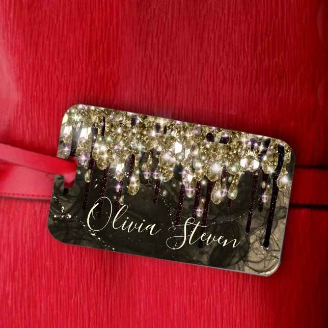 Étiquette À Bagage Chic or noir gouttes parties scintillant monogramm (Créateur téléchargé)