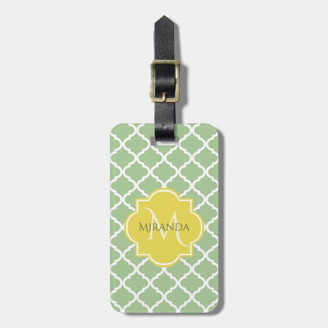Étiquette À Bagage Chic Pastel Green Quatrefoil Jaune Nom Monogramme (Devant Vertical)