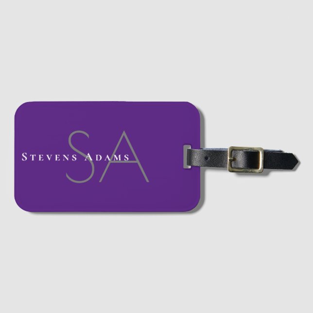 Étiquette À Bagage Chic Professionnel Violet Pervenche Monogrammé (Devant Horizontal)