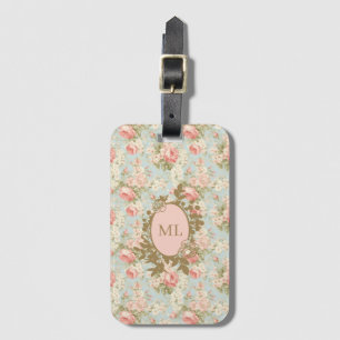 Étiquette À Bagage Chic Rétro Monogramme Fleurs Roses Roses Foncées