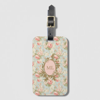 Étiquette À Bagage Chic Rétro Monogramme Fleurs Roses Roses Foncées