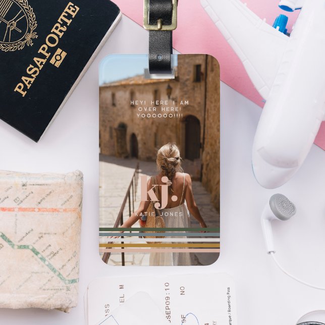 Étiquette À Bagage Chic Retro Stripes Monogramme & Photo (Créateur téléchargé)