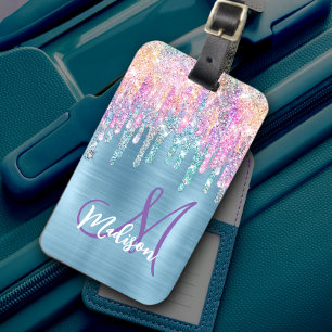 Étiquette À Bagage Chic rose aqua licorne à goutte monogramme parties