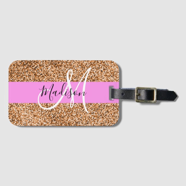 Étiquette À Bagage Chic Rose & Citrouille Paillettes Monogramme Nom (Devant Horizontal)