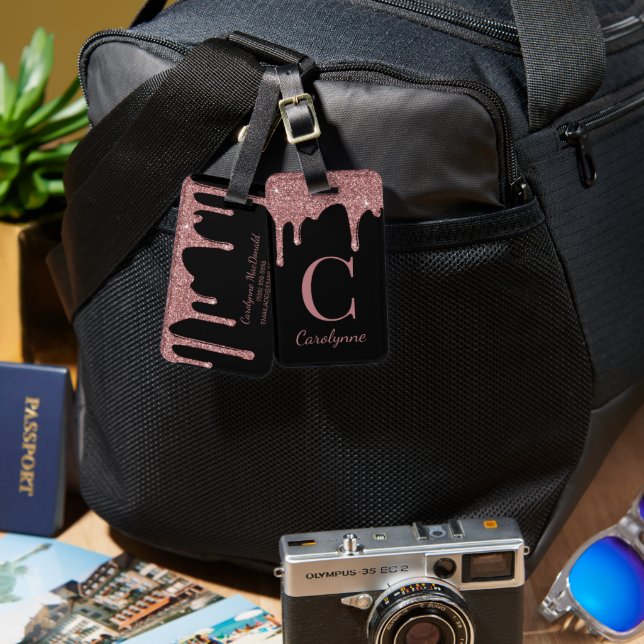 Étiquette À Bagage Chic Rose Parties scintillant or  Monogramme sur n (Recto & Verso)