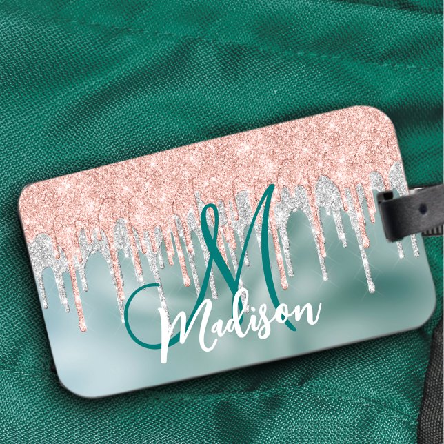 Étiquette À Bagage Chic rose rousse menthe goutte monogramme (Créateur téléchargé)