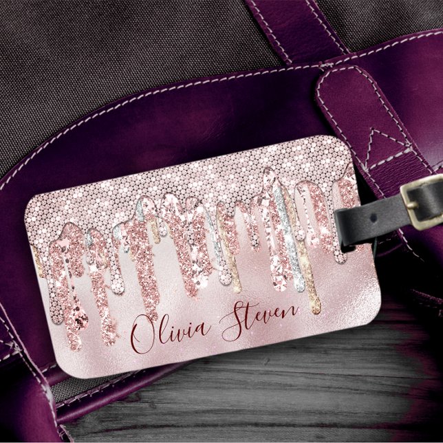 Étiquette À Bagage Chic rose rousse parties scintillant or gouttes mo (Créateur téléchargé)