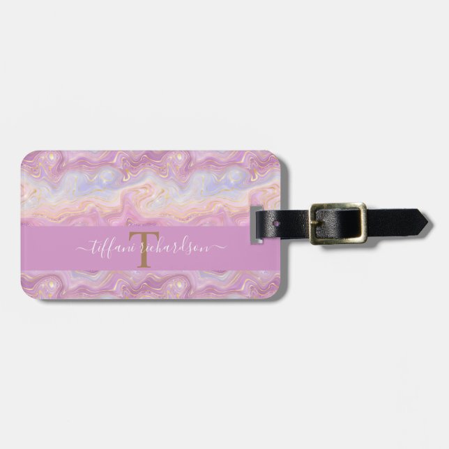 Étiquette À Bagage Chic rose violet or Agate Géode Monogramme (Devant horizontal)