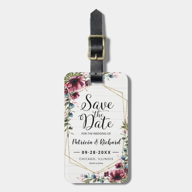 Étiquette À Bagage Chic Rustique Fleurs Bourgogne Save The Date (Devant Vertical)