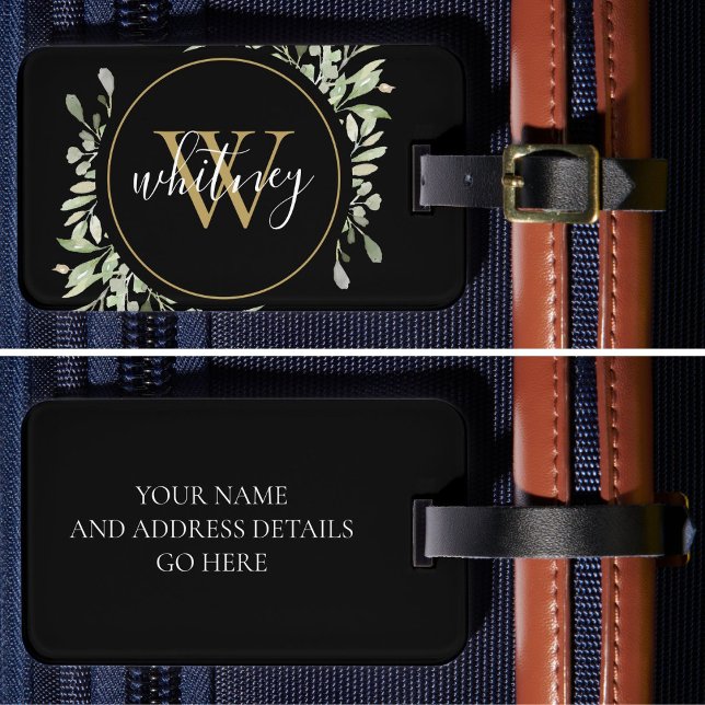 Étiquette À Bagage Chic Script Vert Or Monogramme Noir (Chic Script Greenery Gold Monogram Black Luggage Tag)