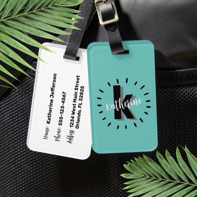 Étiquette À Bagage Chic Simple Monogramme Initial (Chic Simple Turquoise Initial Monogram Luggage Tag)