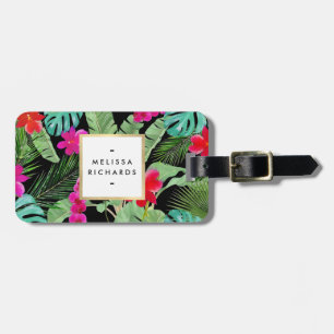 Étiquette À Bagage Chic Tropical Print Watercolor Designer noir