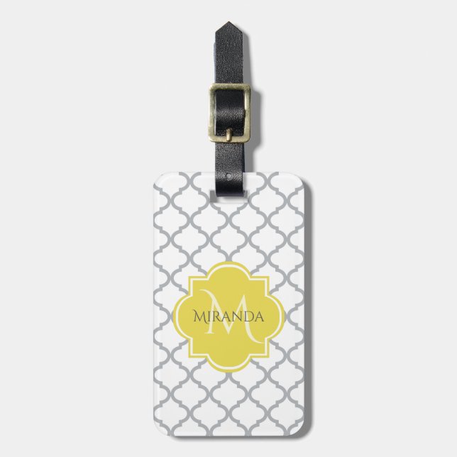 Étiquette À Bagage Chic White Grey Quatrefoil Yellow Monogramme Nom (Devant Vertical)