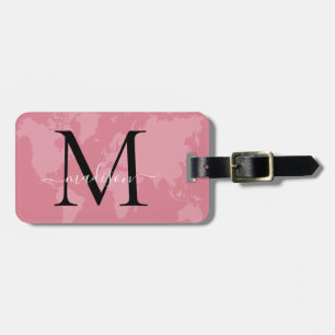 Étiquette À Bagage Chic World Traveler Map Pink Monogramme Nom Script