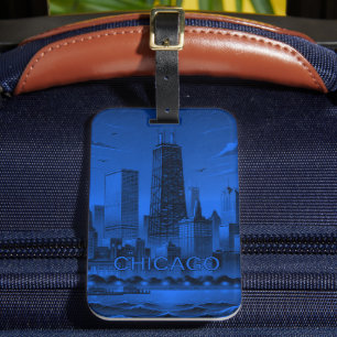Étiquette À Bagage Chicago Skyline Moderne Bleu Noir