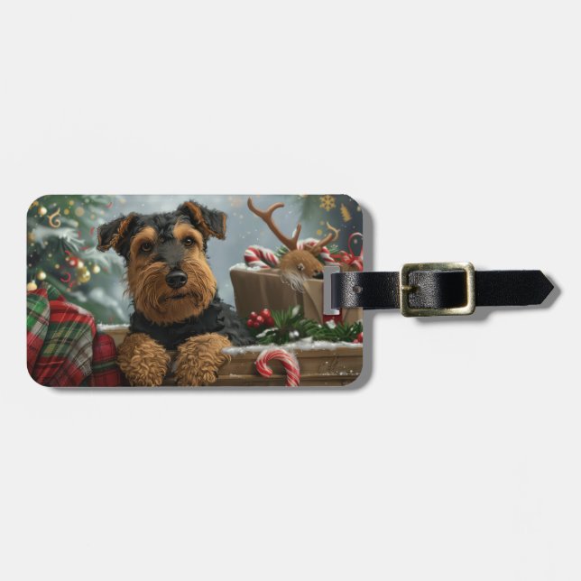 Étiquette À Bagage Chien Airedale Noël Festif  (Devant horizontal)