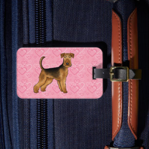 Étiquette À Bagage Chien Airedale Terrier avec des cœurs roses et du