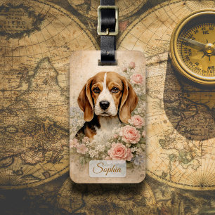 Étiquette À Bagage Chien Beagle avec des Roses