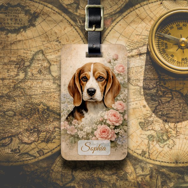 Étiquette À Bagage Chien Beagle avec des Roses (Créateur téléchargé)