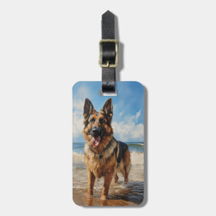 Étiquette À Bagage Chien berger allemand à la plage