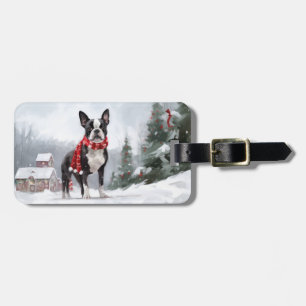 Étiquette À Bagage Chien de Boston Terrier pendant Noël de neige