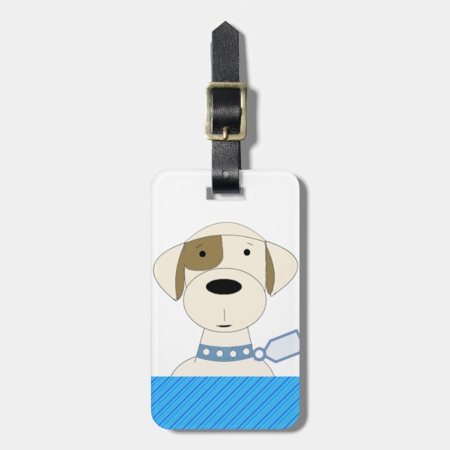 Étiquette À Bagage Chien de dessin animé avec col bleu (Devant Vertical)