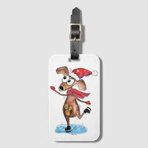 Étiquette À Bagage Chien de Noël Whimsical sur patins à glace