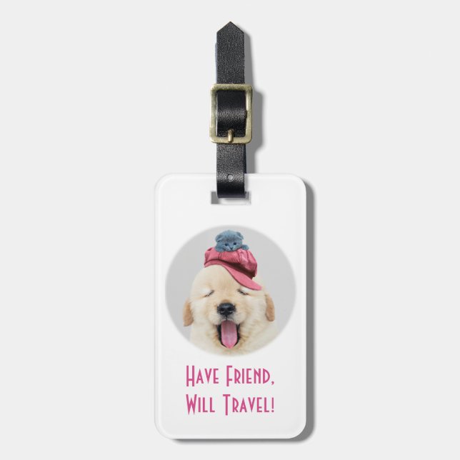 Étiquette À Bagage Chien et chat mignons, voyage, message de nom pers (Devant Vertical)