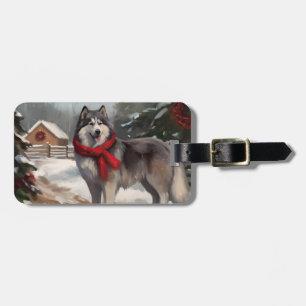 Étiquette À Bagage Chien Malamute d'Alaska dans la neige de Noël