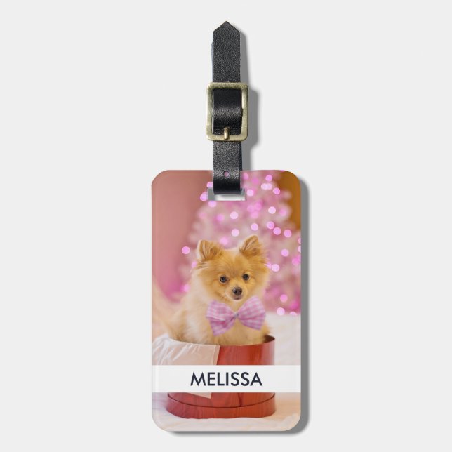 Étiquette À Bagage Chien mignon avec cou rose Photographie de Noël (Devant Vertical)