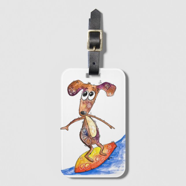 Étiquette À Bagage Chien mignon Whimsical sur Surboard (Devant Vertical)