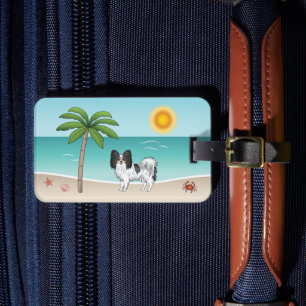 Étiquette À Bagage Chien Papillon tricolore sur une plage tropicale d