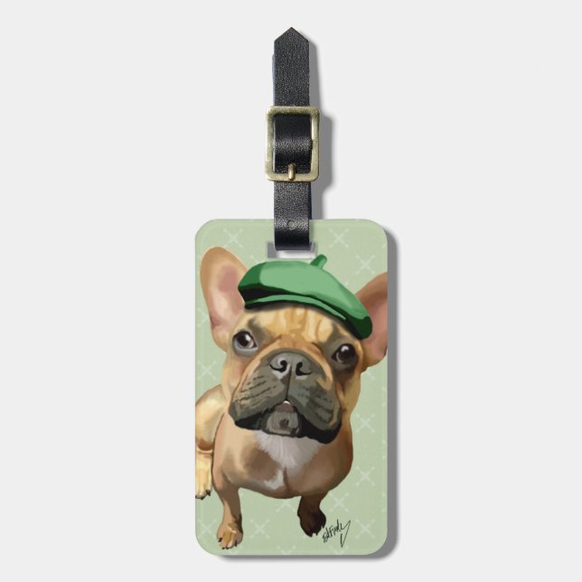 Étiquette À Bagage Chien-taureaux français Brown avec Casquette vert (Devant Vertical)