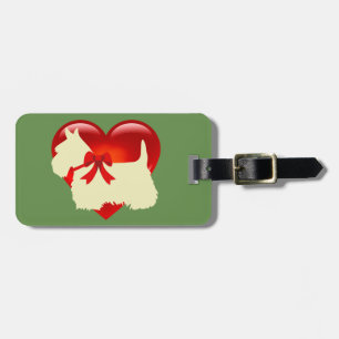 Étiquette À Bagage Chien Terrier écossais, cœur rouge, nœud, vert zaz
