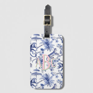 Étiquette À Bagage Chinoiserie Jungle Toile Monogramme bleu et blan