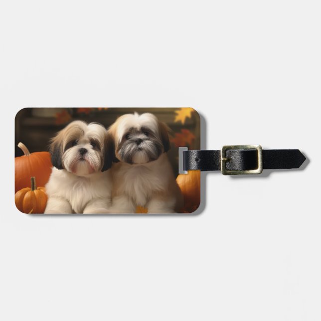 Étiquette À Bagage Chiot Lhasa Apso Délice d'Automne Citrouille  (Devant horizontal)