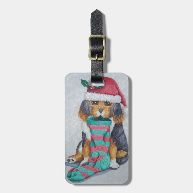 Étiquette À Bagage chiot noir et brun mignon vêtu pour noël (Devant Vertical)