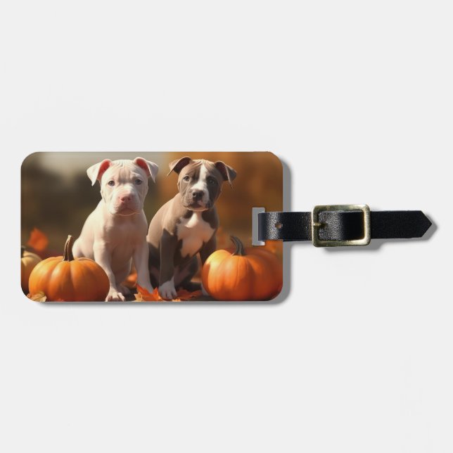 Étiquette À Bagage Chiots Pitbull Délice d'Automne Citrouille  (Devant horizontal)