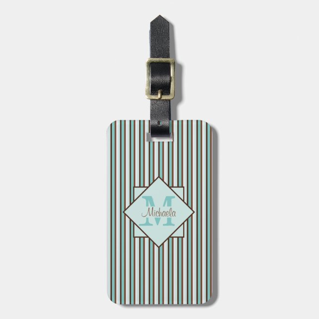 Étiquette À Bagage Chocolat Brown et pinte vert rayures Monogramme (Devant Vertical)