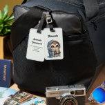 Étiquette À Bagage Chouette à gros yeux mignonne tenant un café<br><div class="desc">Une étiquette à bagages avec un kawaii illustration d'un hibou aux yeux grands dans une robe d'hiver et un foulard tenant un café chaud.</div>