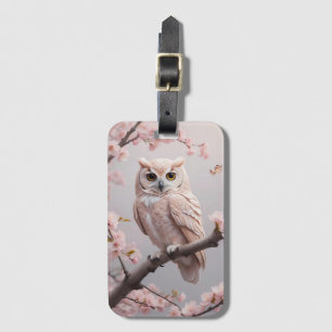 Étiquette À Bagage Chouette aux fleurs de cerises roses