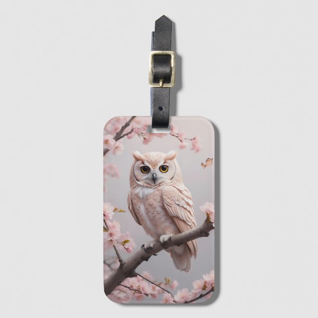 Étiquette À Bagage Chouette aux fleurs de cerises roses (Devant Vertical)
