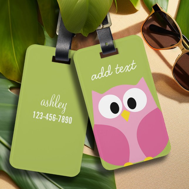 Étiquette À Bagage Chouette caricaturale mignonne - rose et vert citr (Personalized Luggage Tag - Cute Owl)