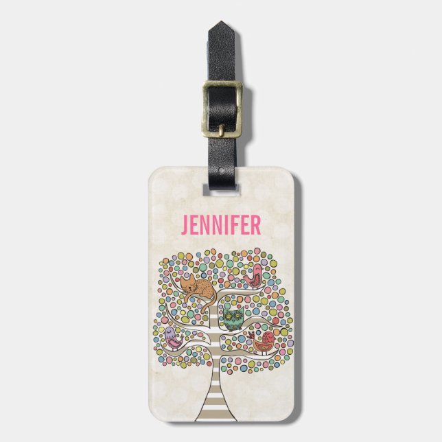 Étiquette À Bagage Chouette chatte et oiseaux dans un arbre Illustrat (Devant Vertical)