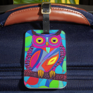 Étiquette À Bagage Chouette lunaire aux plumes colorées