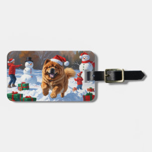 Étiquette À Bagage Chow Chow courant dans la neige avec un chapeau de