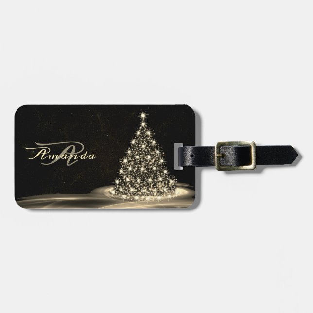 Étiquette À Bagage Christmas Monogram Golden Shiny Tree Winter Black (Devant horizontal)