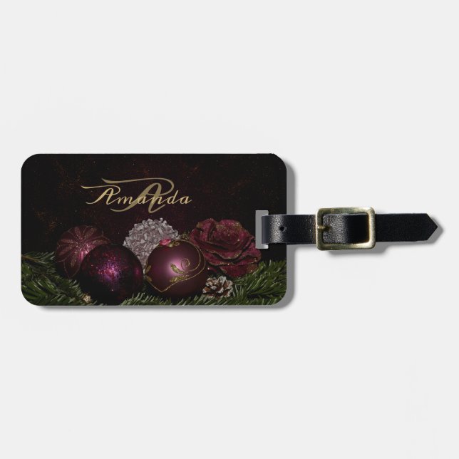 Étiquette À Bagage Christmas Monogram Pink Ornament Green Black (Devant horizontal)